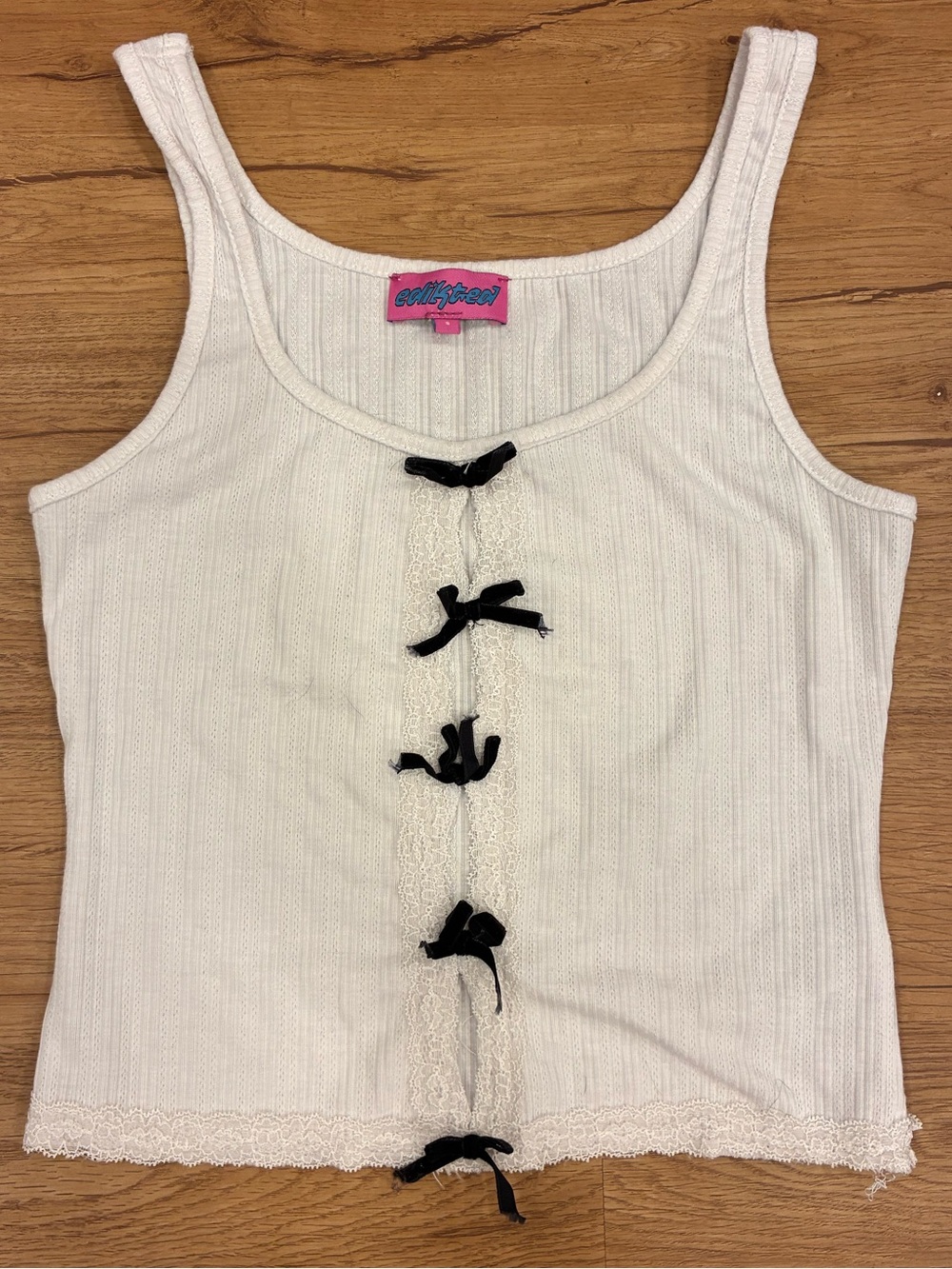 Dollhouse White Ribbed Tank with Black Bow Accents